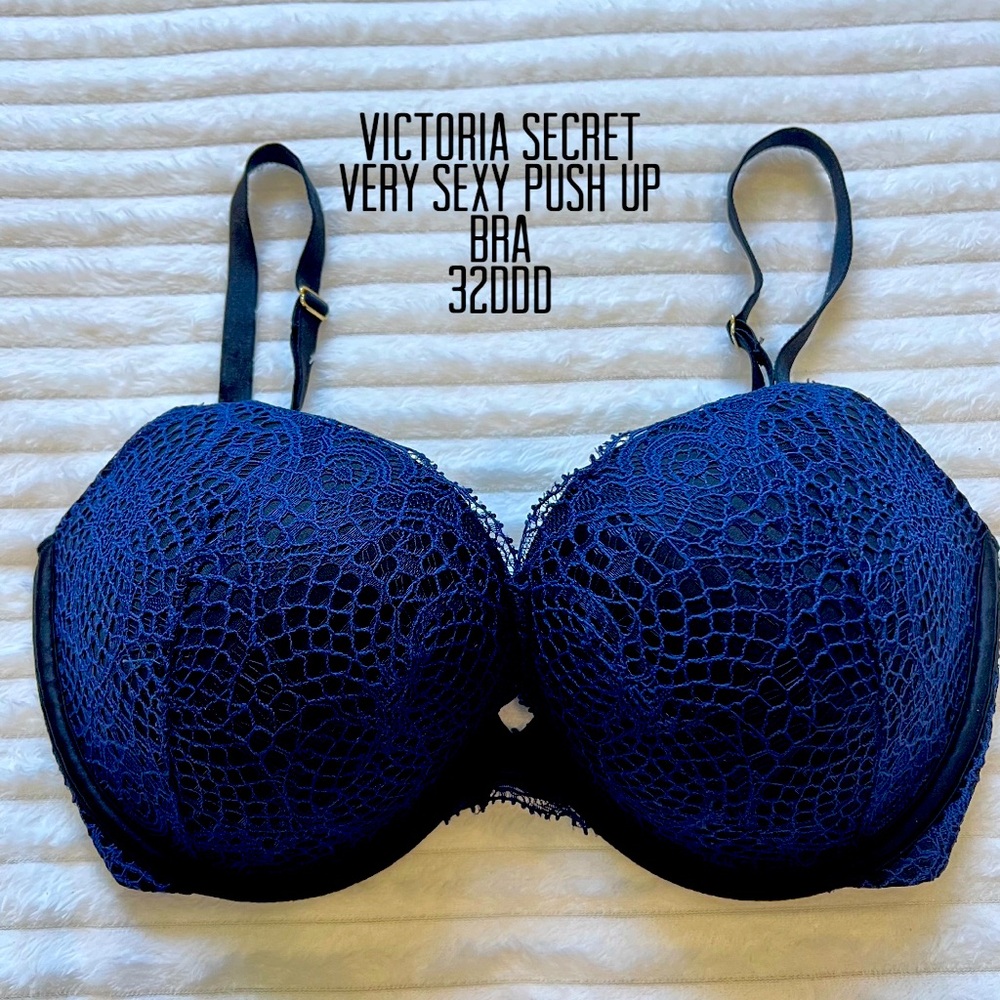 Victoria secret women black blue lace very sexy push up bra padded Sz 32DDD